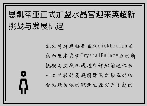 恩凯蒂亚正式加盟水晶宫迎来英超新挑战与发展机遇