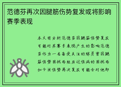 范德芬再次因腿筋伤势复发或将影响赛季表现